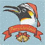 Penguin vector illustration. Illustration of cute antarctic penguin. Christmas Penguin vector in Santa hat. Inscription Merry Christmas and snow