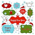 Collection of christmas ornaments and decorative elements, vintage frames, labels, stickers with beard, moustaches and Santa hats. Vector illustration