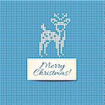 Merry Christmas Scandinavian style knitted card. White knitted deer and Christmas text tape on blue wool background. Vector illustration