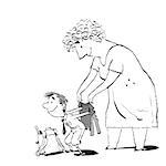 Grandma or the nanny accompanies her grandson to school. Adults and children. Morning boy. Black and white sketch drawing