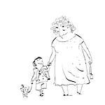 Grandma, grandson and dog on a walk. Black and white sketch drawing. The nanny and the child