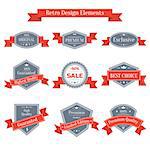Vector vintage set of labels with red ribbons. Design elements collection. Banners templates in retro style