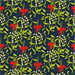 Mistletoe branches seamless vector pattern. Traditional plant tied with red bow. Green dense leaves on blue background.