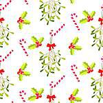 Festive kissing bough seamless vector pattern. Traditional plant tied with red bow. Holly berry and stripes candy cane white background.
