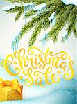 Christmas sale poster with hand-drawn lettering, winter background with snow, icicles, pine tree and gift, vector illustration
