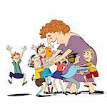 Children and nanny or teacher. Kindergarten, school and education. Big family