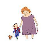 Grandma, grandson and dog on a walk. Color sketch drawing. The nanny and the child