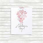 Folded in half sheet of paper with valentines day quote and set of red hearts. Mock up template vector illustration isolated on wooden background. Set of hand drawn red hearts with cells, polka dots, triangles, lines. Flyer, booklet, poster concept.