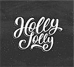 Holly Jolly calligraphic text for Christmas vintage greeting card design. Vector poster for Xmas with hand drawn lettering on black chalkboard background