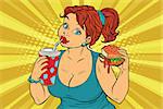 Young woman drinking Cola and eating Burger. Pop art retro illustration. Fast food restaurant. A delicious lunch