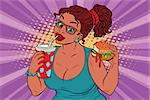 Young woman drinking Cola and eating Burger. Pop art retro illustration. Fast food restaurant. A delicious lunch. African American people