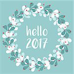 Pastel laurel wreath hello New Year 2017 white vector isolated on mint green background
