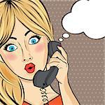 Surprised pop art  woman chating on retro phone . Comic woman with speech bubble. Pin up girl. Vector illustration