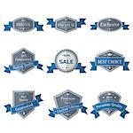 Vector vintage set of labels with blue ribbons. Guaranted, premium quality, best choice, sale design element collection. Banners templates in retro style