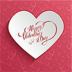 Happy Valentines Day Hand lettering Greeting Card on 3d Heart with Shadow over Seamless Pattern with Stylized Hearts. Typographical Vector Background