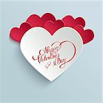 Happy Valentines Day Hand lettering Greeting Card on 3d Heart with Shadow. Typographical Vector Background. Handmade calligraphy