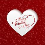 Happy Valentines Day Hand lettering Greeting Card on Paper Cut Heart Shape from Seamless Pattern with Stylized Hearts. Typographical Vector Background