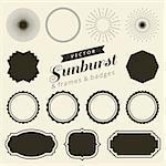 Set of vintage line frames and labels with sunburst. Hipster border and frames design with light ray. Suitable for banner, label, sticker, apparel design, tags, screen and printing. Vector illustration