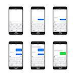 Set of six glossy smartphones with different sms texting templates, isolated on white