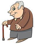 Cartoon Illustration of Mature Age Man Senior or Grandfather with Cane