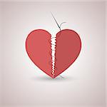 Icon red, paper, broken heart stitched thread with shadow, flat style, isolated on a light background, vector illustration.