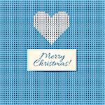 Merry Christmas Scandinavian style knitted card. White knitted heart and Christmas text tape on blue wool background. Vector illustration