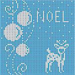Merry Christmas Scandinavian style knitted card. White knitted deer and Christmas balls on blue wool Noel background. Vector illustration