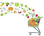 Full trolley, cart with fresh vegetables. Flat design. Set vegetables banner with space for text, isolated on white background. Healthy lifestyle, vegan, vegetarian diet, raw food. Vector illustration