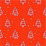 Xmas tree and snow simple seamless vector pattern. Line small fir-tree scrapbook paper design. Red background.