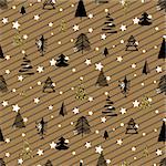 Gold and black winter woods seamless vector pattern. Christmas star snowy background with eve and pines.