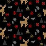 Black and gold deer in a forest seamless vector pattern. Winter snowy night repeat background.