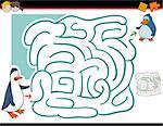 Cartoon Illustration of Education Maze or Labyrinth Activity Game for Children with Mother and Baby Penguin