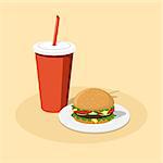 picture of cheeseburger on plate and paper cola cup