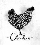 Poster chicken cutting scheme lettering neck, back, wing, breast, leg in vintage style drawing on dirty paper background