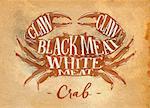 Poster crab cutting scheme lettering claw, black meat, white meat in retro style drawing on craft paper background