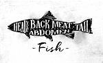 Poster fish cutting scheme lettering head, back meat, abdomen, tail in vintage style drawing on dirty paper background