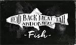 Poster fish cutting scheme lettering head, back meat, abdomen, tail in vintage style drawing with chalk on chalkboard background