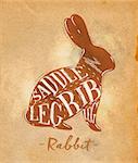 Poster rabbit cutting scheme lettering saddle, leg, rib in retro style drawing on craft paper background