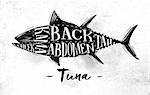 Poster tuna cutting scheme lettering cheek, kama, abdomen, back, tail in vintage style drawing on dirty paper background
