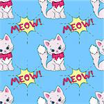 Seamless pattern with cute cats and MEOW saying. Vector illustration with white kittens on a blue background. Hand-drawn endless wallpaper in pop art style