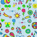 Vector seamless pattern of fashionable patches elements like heart, flower, drop, leaf, star, sun. Vector colorful hand drawn cute and funny stikers kit. Modern doodle pop art sketch badges and pins