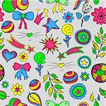 Vector seamless pattern of fashionable patches elements like heart, flower, drop, leaf, star, sun. Vector colorful hand drawn cute and funny stikers kit. Modern doodle pop art sketch badges and pins