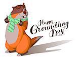 Happy Groundhog Day. Marmot casts shadow. Lettering text for greeting card. Vector cartoon illustration