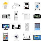 Smart House and internet of things Flat Icons Set with smartphone, tablet, security camera, router light bulb and smart tv. Isolated vector illustration