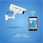 Smart House and internet of things concept. smartphone controls smart home like security camera flat icons. vector illustration
