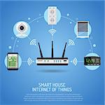 Smart House and internet of things concept. smartphone with router controls smart home like smart plug, security camera, louvers and clock flat icons. vector illustration