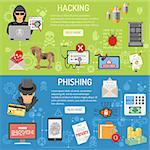 Cyber Crime horizontal Banners theme hacking and phishing with flat Icons Hacker, virus, spam. vector illustration. infographics