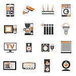 Smart House and internet of things two color Icons Set with smartphone, tablet, security camera, router light bulb and smart tv. Isolated vector illustration