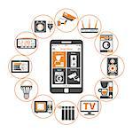 Smart House and internet of things concept. smartphone controls smart home like microwave, loudspeaker, tv and security camera flat two color icons. isolated vector illustration