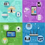 Smart House and internet of things square banners. smartphone and tablet controls smart plug, fridge coffee maker router microwave and tv flat icons. vector illustration